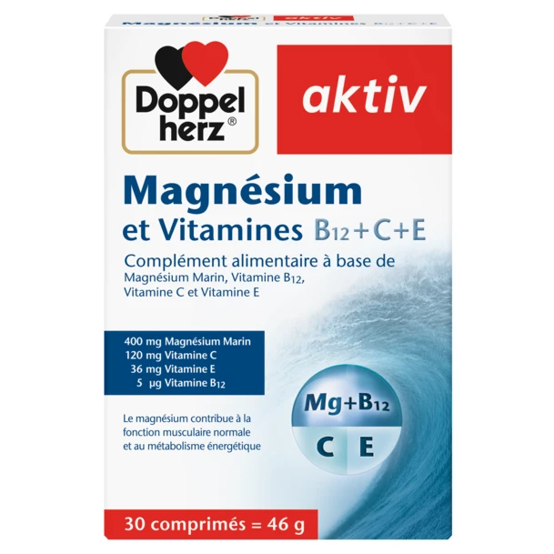 DOPPELHERZ AKTIV MAGNESIUM ET VITAMINES B12+C+E, 30 COMPRIMES