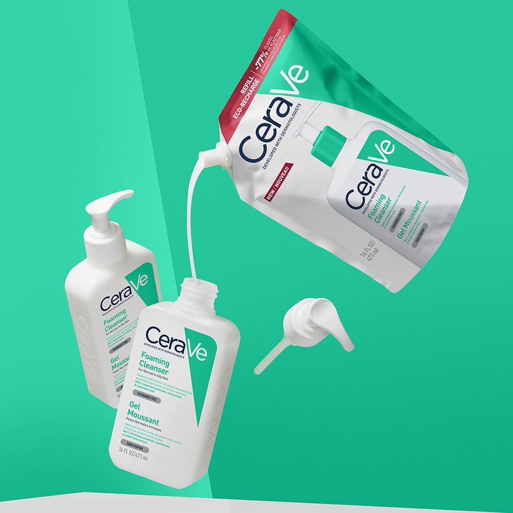 CERAVE Gel Moussant Eco-Recharge 473ml Visage Corps 3 Céramides Niacinamide Peaux Grasses Nettoyage Purifiant