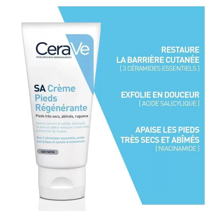 CERAVE SA Crème Pieds Régénérante 88ml Acide Salicylique 3% Céramides Exfoliation Intensive Pieds Secs Crevassés Talons