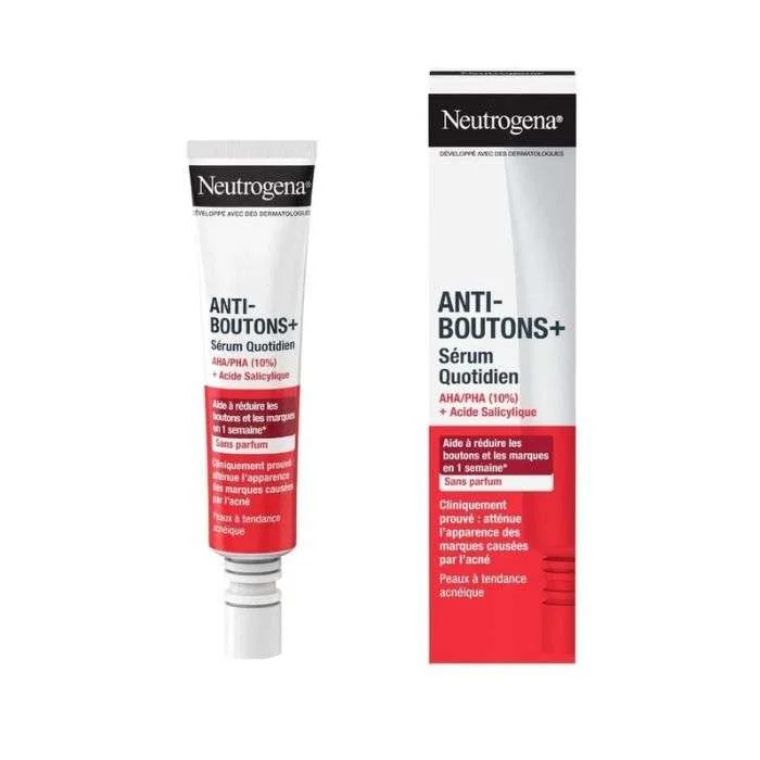 neutrogena-neutrogena-anti-boutons-serum-quotidien-30ml-soins-anti-imperfections Neutrogena | Sérum Visage Quotidien Anti-Boutons+ (tube de 30 ml) – Soin visage à l'acide salicylique + 10% AHA/PHA – Sérum anti-imperfections sans parfum pour aider à éliminer les boutons – Image 1
