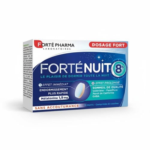 forte Pharma Complément Sommeil 8h, Mélatonine Action Rapide & Prolongée, Aide à l'Endormissement et Réduit les Réveils Nocturnes, 15 Comprimés Bi-couches