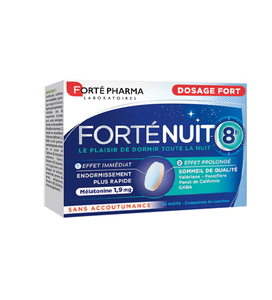 forte Pharma Complément Sommeil 8h, Mélatonine Action Rapide & Prolongée, Aide à l'Endormissement et Réduit les Réveils Nocturnes, 30 Comprimés Bi-couches