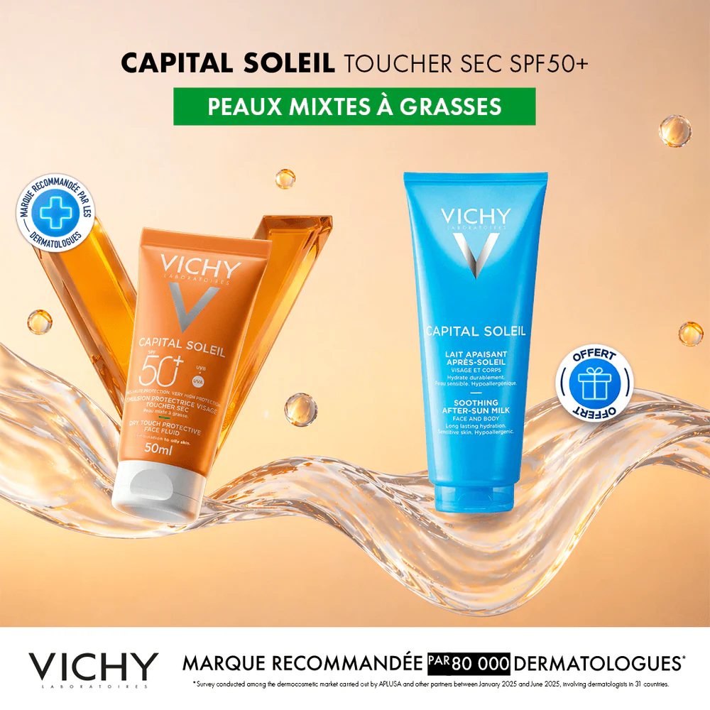VICHY CAPITAL SOLEIL ÉMULSION TOUCHER SEC SPF50 50ML + LAIT APRÈS-SOLEIL OFFERT