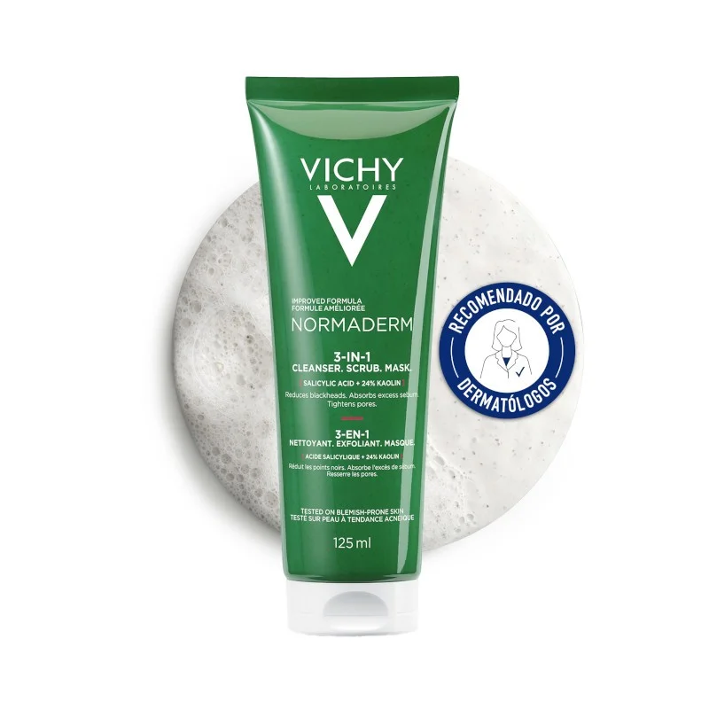 vichy-normaderm-3-en-1-exfoliant-nettoyant-et-masque-125ml VICHY NORMADERM 3EN1 EXFOLIANT NETTOYANT MASQUE 125mL/Sans parabène – Image 1
