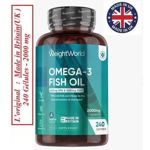 WeightWorld Omega 3 Huile de Poisson 2000 mg très grande boite de 240 gélules cure 4 mois 660 mg d'EPA et 440 mg de DHA origine Angleterre UK